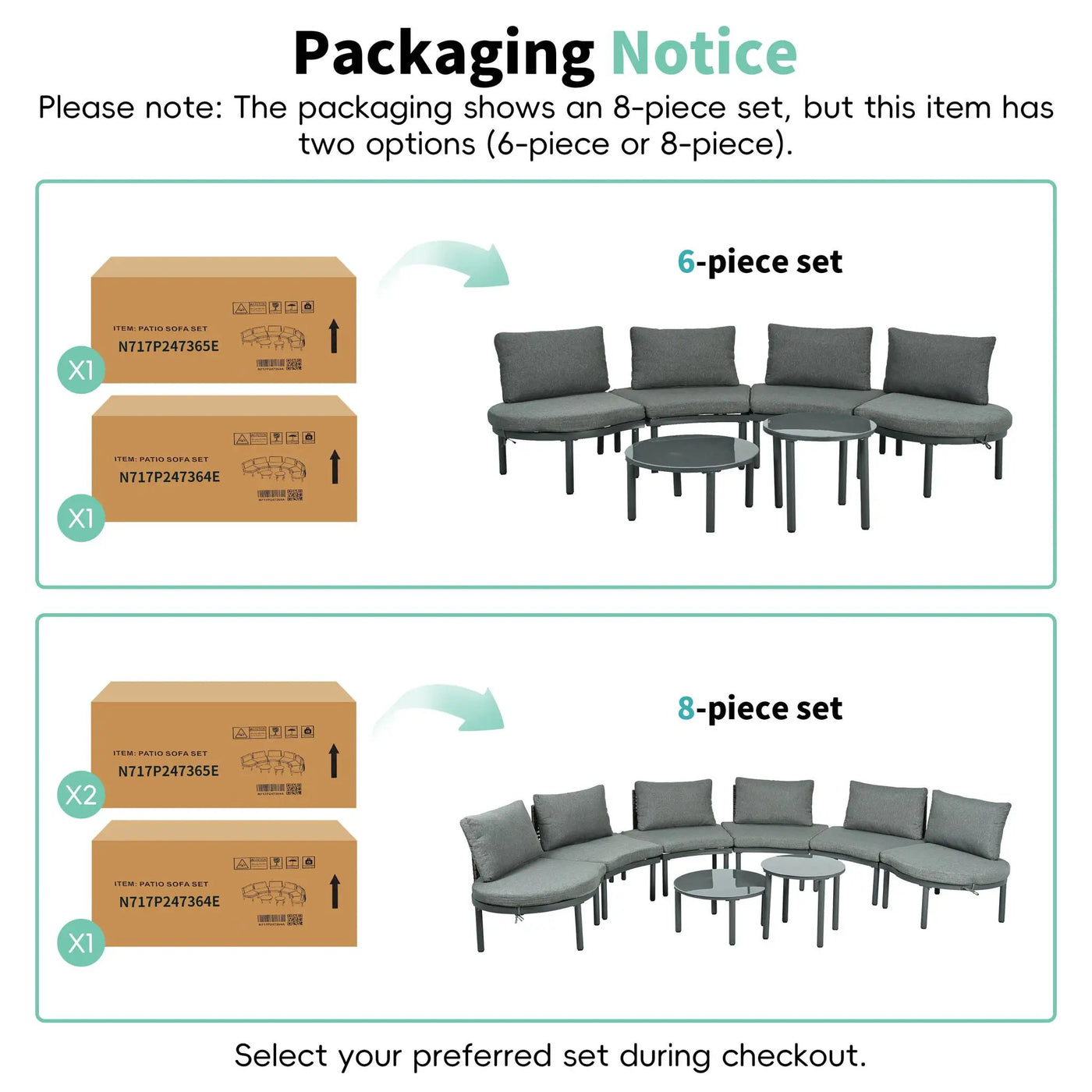 6 Piece Patio Set, Half Moon Outdoor Sectional Sofa With 2 High Low Coffee Tables, 4 Pillows & Cushions by Unique Piece Furniture