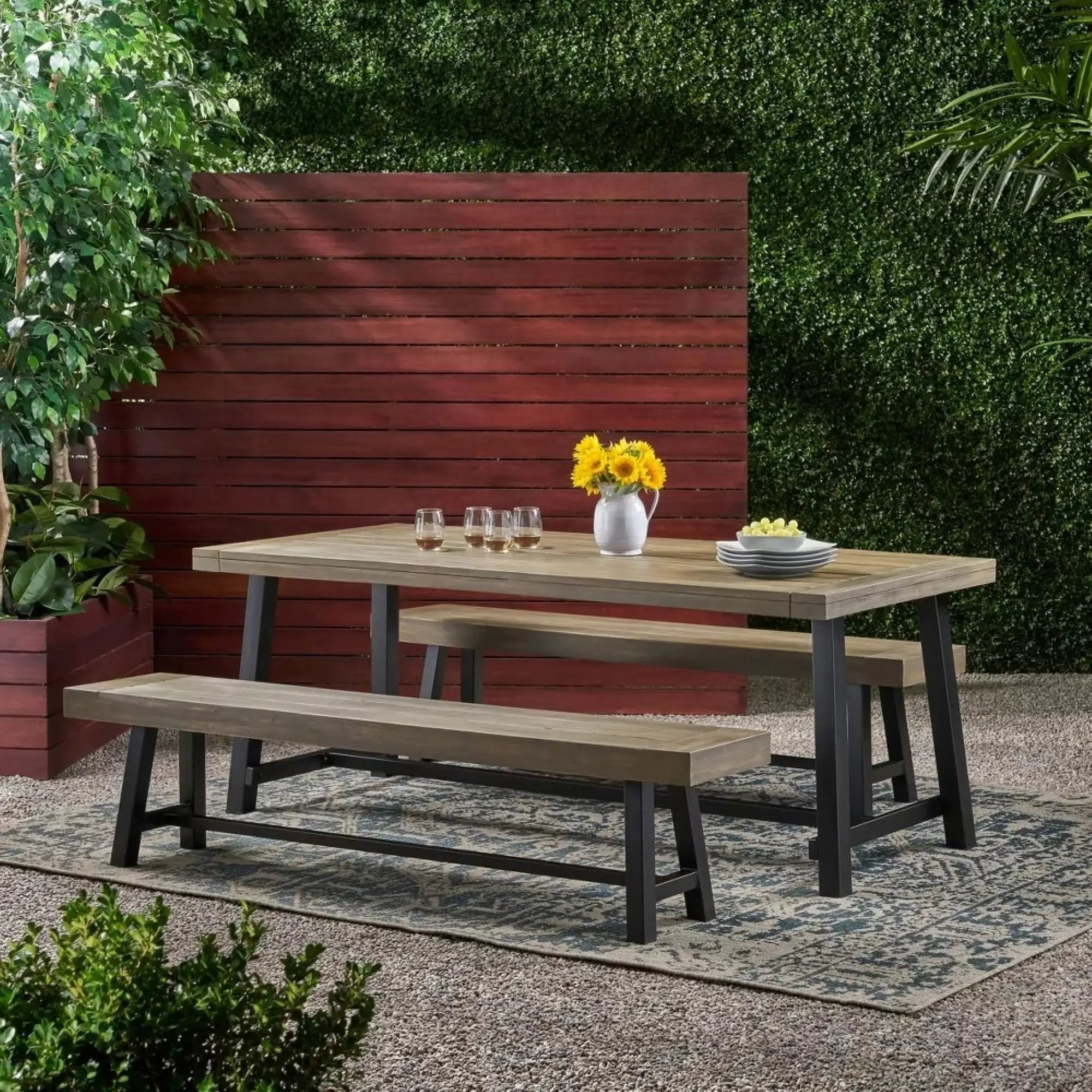 Outdoor 3 Piece Picnic Dining Set - Gray / Rustic Metal by HouseOfZazla