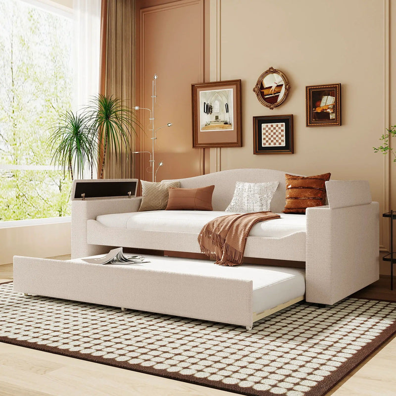 Upholstered Daybed With Storage Armrests, Trundle And Latest Integrated tooth Audio System by Unique Piece Furniture