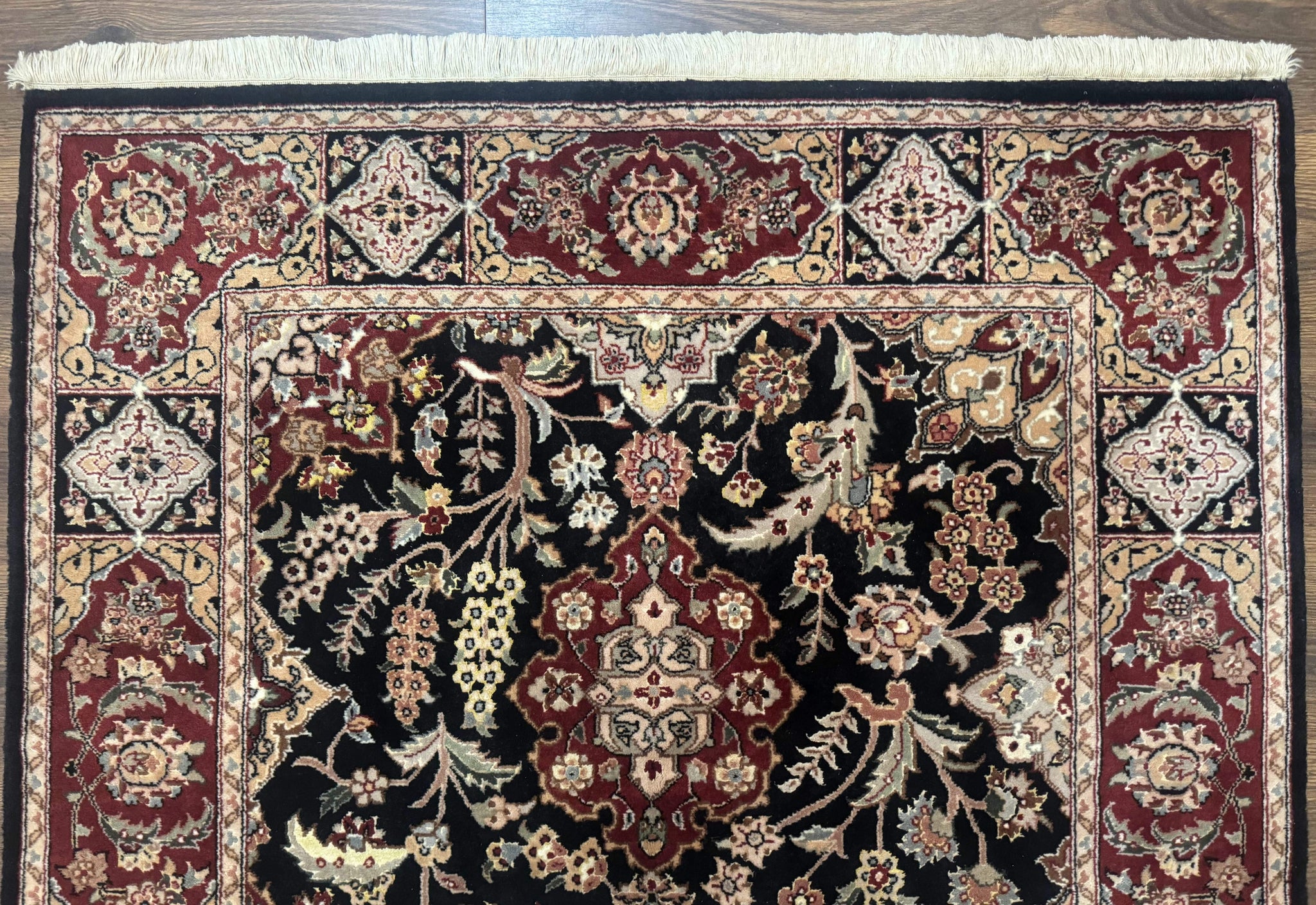 Pak Persian Rug 4x6, Black and Burgundy, Floral Allover, Wool and Silk by Jewel Rugs