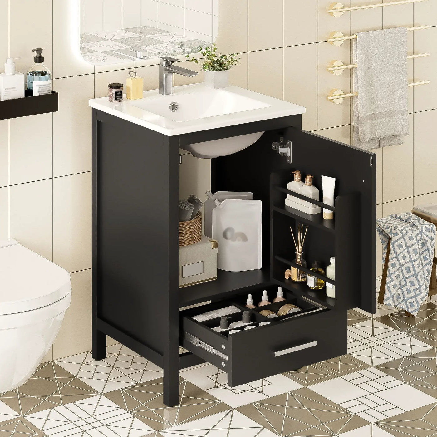 Bathroom Vanity With Ceramic Sink, Soft Close Drawers, Door Organizer, Divider Drawer, Adjustable Foot Pads by Unique Piece Furniture