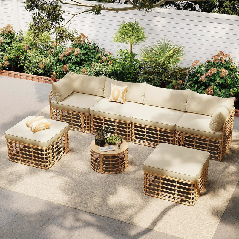 7 Pieces Outdoor Patio Furniture, All-Weather Rattan Sectional Sofa Set with Thick Cushions and Pillows, Freely Combined Conversation Sets for Garden, Backyard, Balcony, Brown by HouseOfZazla