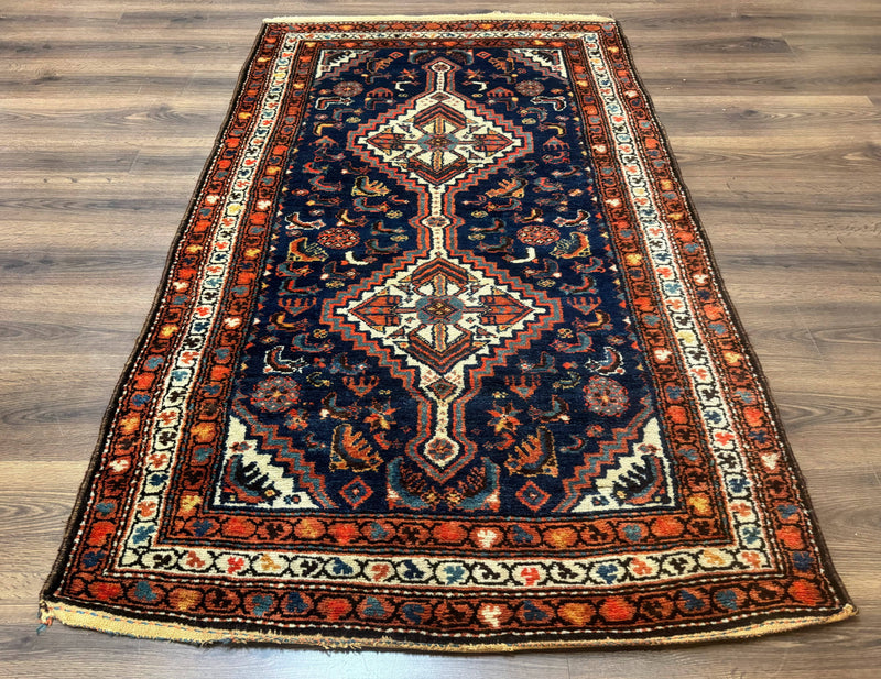 Antique Persian Hamadan Rug 4x6, Geometric, Double Medallions, Navy Blue, Tribal Carpet by Jewel Rugs