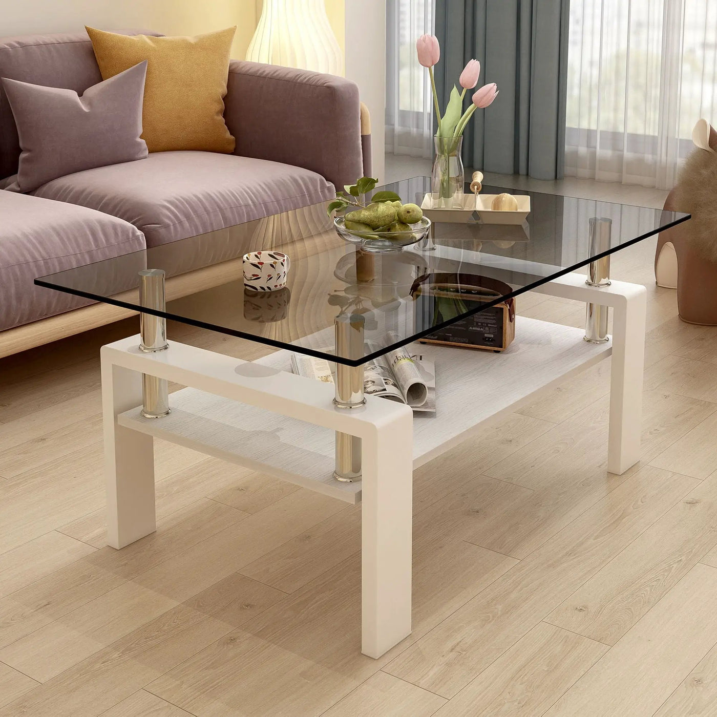 Modern Rectangular Coffee Table With Tempered Transparent Glass Top And Storage Shelf by HouseOfZazla