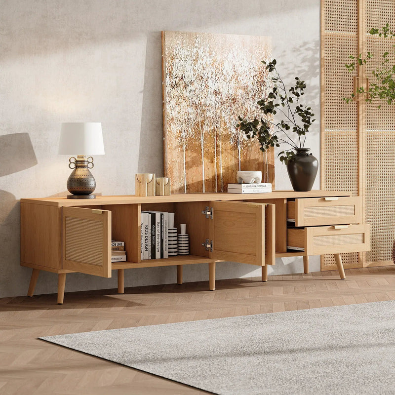 TV Stand, Media Console, 2 Drawers & Cable Management - Natural Wood by Unique Piece Furniture