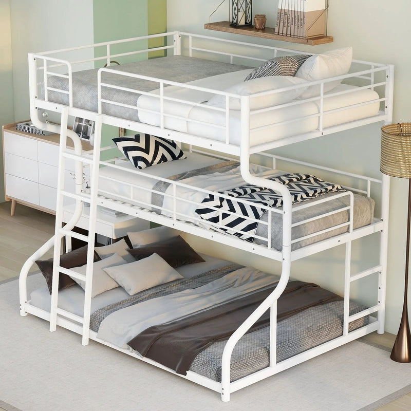 Industrial Triple Bunk Bed With Dual Ladders Frame, Space Saving Design by Unique Piece Furniture