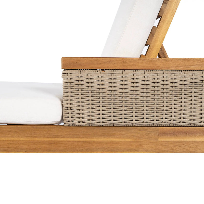 Solid Acacia Wood Sun Lounger with Beige Cushions and Light Grey Wicker by HouseOfZazla