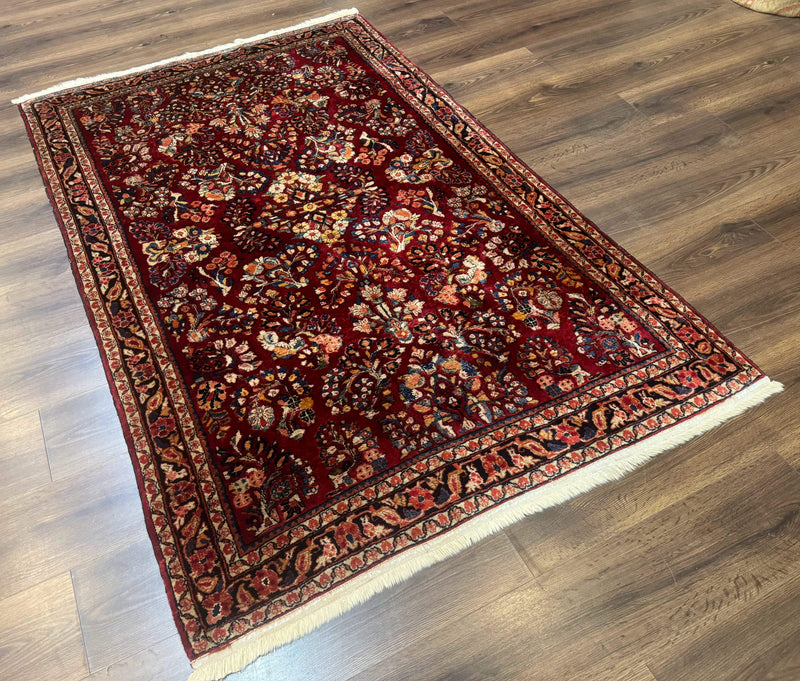 Antique Persian Sarouk Rug 4x6, Floral, Red, Wool Hand Knotted Fine 225 KPSI by Jewel Rugs