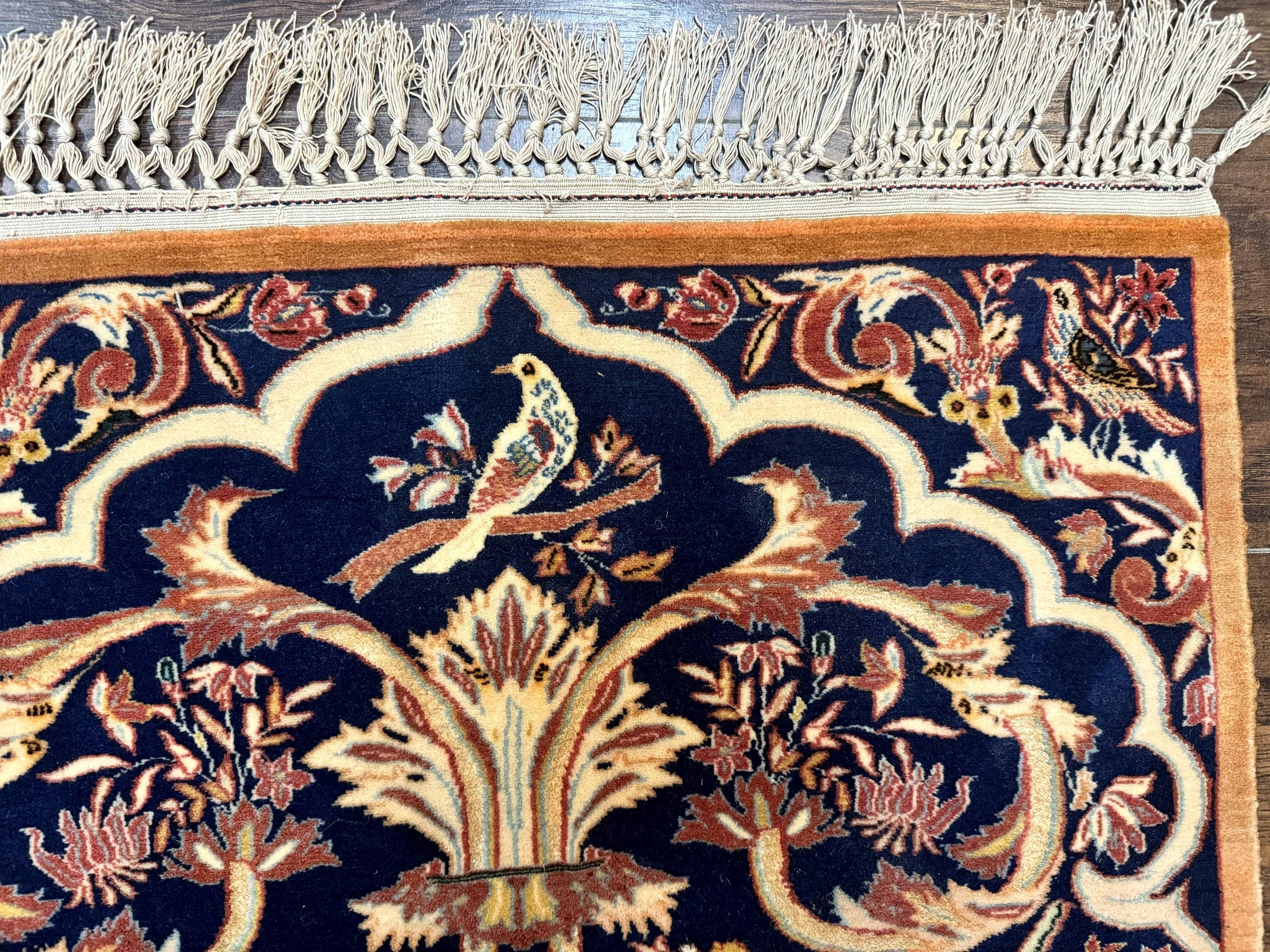 Persian Isfahan Rug 2x4, Birds, Navy Blue, Kork Wool on Silk Foundation, 460 KPSI by Jewel Rugs