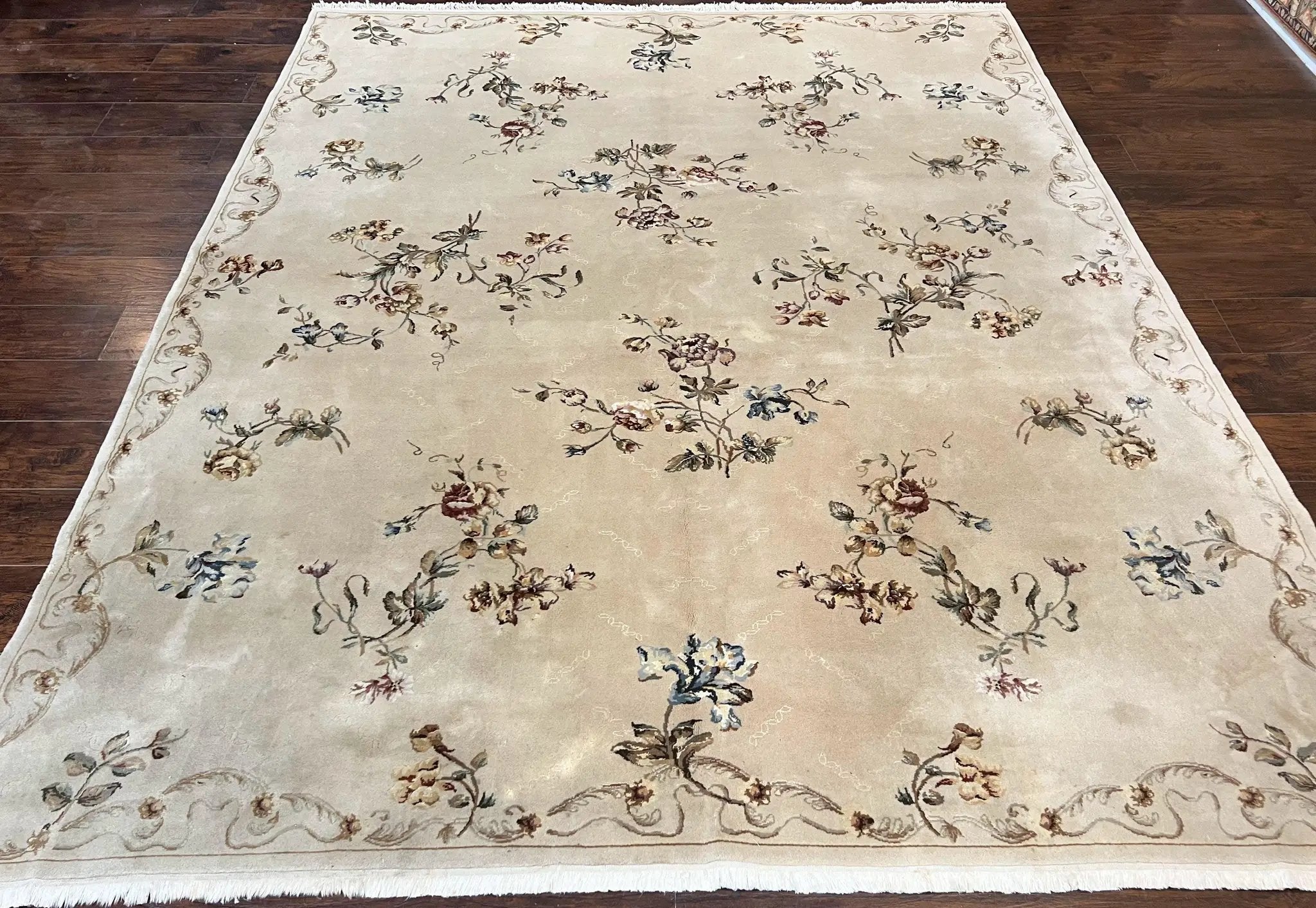 Chinese 120 Line Rug 8x10, Chinese Aubusson Wool & Silk Highlights Handmade Vintage Carpet, Beige Fine Weave Rug, Floral European Design by Jewel Rugs