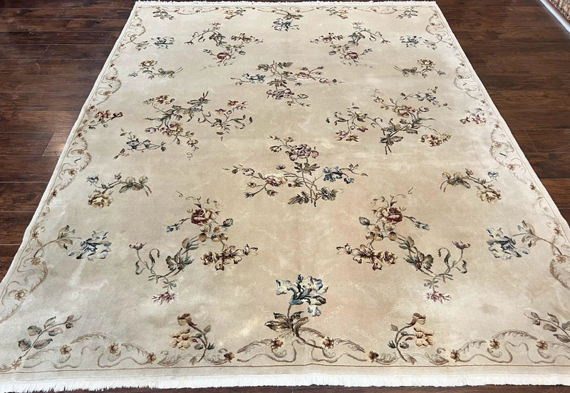Chinese 120 Line Rug 8x10, Chinese Aubusson Wool & Silk Highlights Handmade Vintage Carpet, Beige Fine Weave Rug, Floral European Design by Jewel Rugs