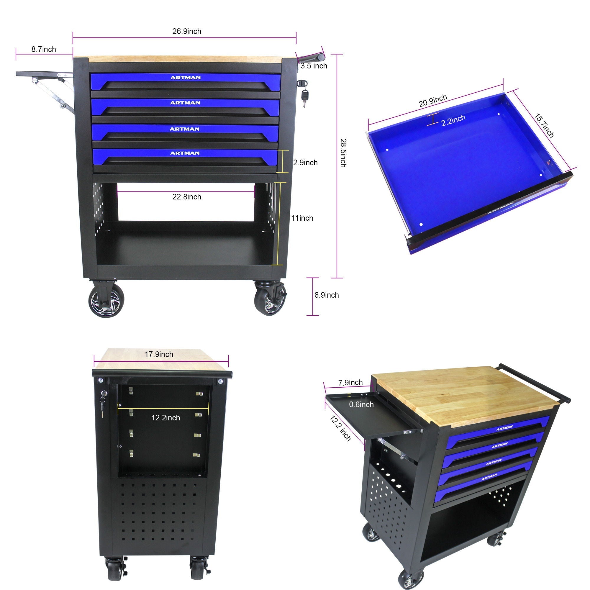 4 Drawers Multifunctional Tool Cart With Wheels And Wooden Top by HouseOfZazla