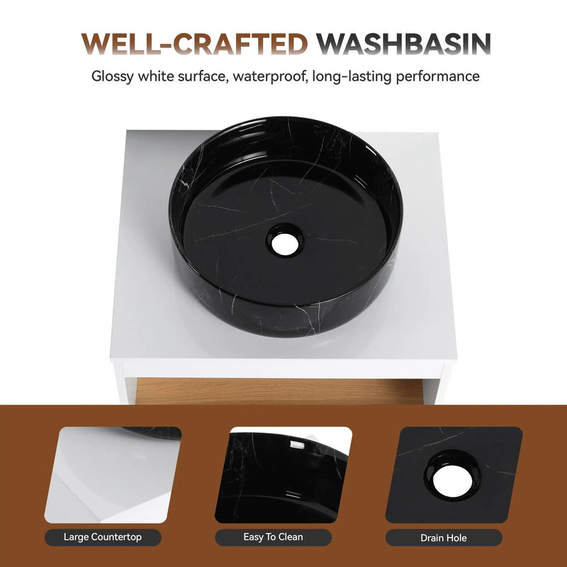 Floating Bathroom Vanity With Vessel Sink With Open Shelf Storage