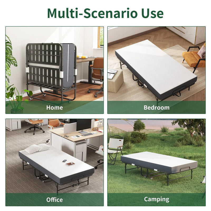 Twin Folding Bed With Memory Foam Mattress Portable Rollaway Bed Sturdy Metal Frame - Brushed Nickel by Unique Piece Furniture