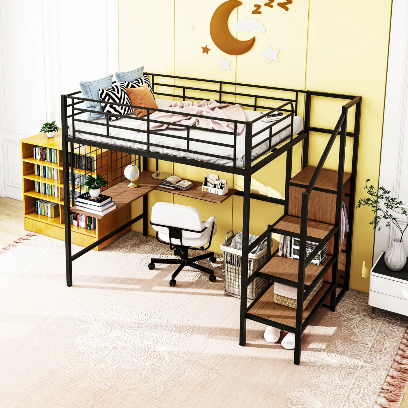 Loft Bed With Desk And Grid, Stylish Frame With Lateral Storage Ladder And Wardrobe by Unique Piece Furniture