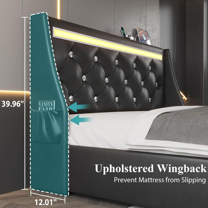 Wingback Upholstered Bed Frame With LED Lights, Charging Station by HouseOfZazla
