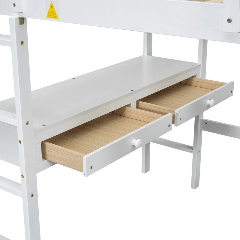 Full Size Loft Bed With Built In Desk, 2 Drawers, Storage Shelves - White