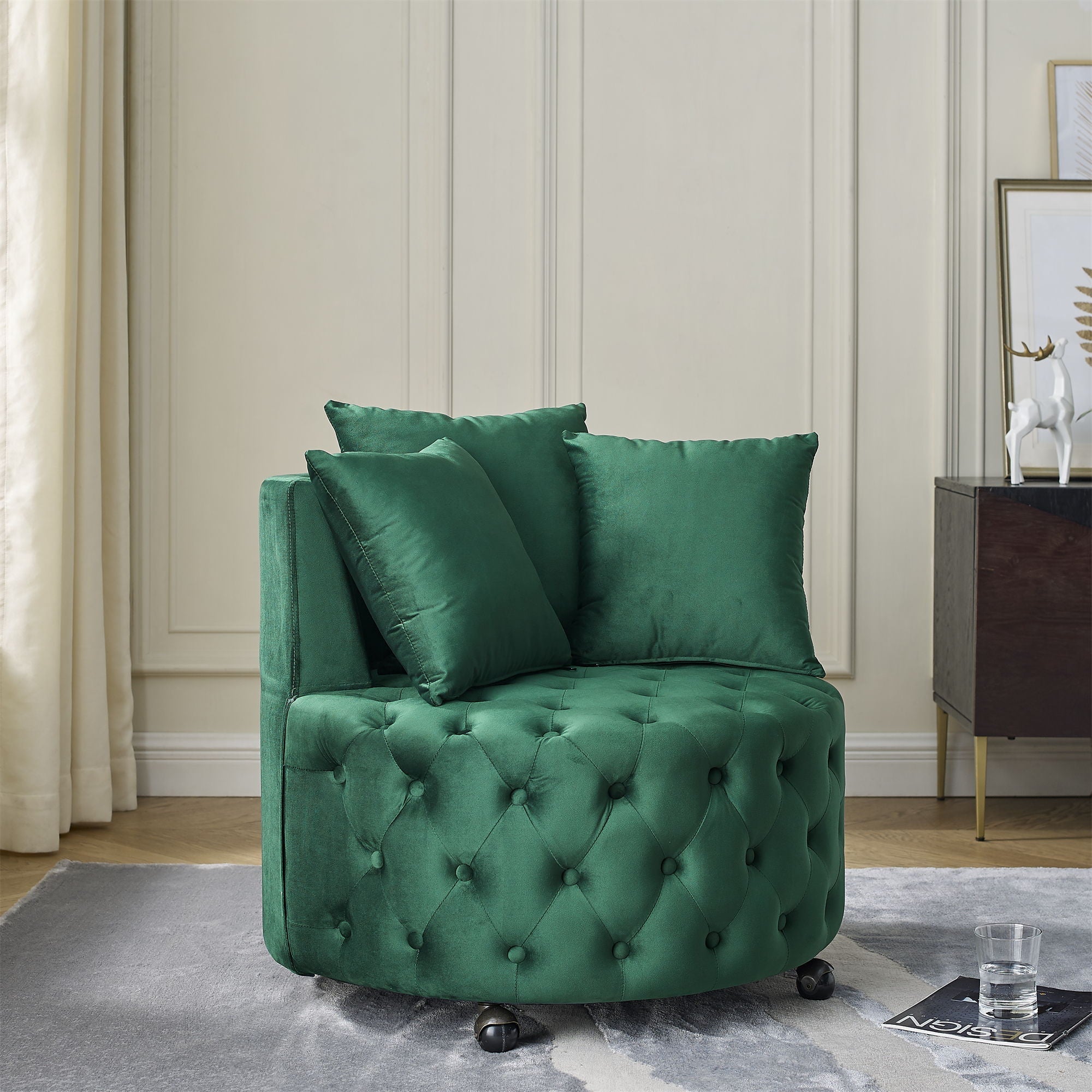 Modern Upholstered Swivel Chair With Button Tufted Design And Movable Wheels by HouseOfZazla