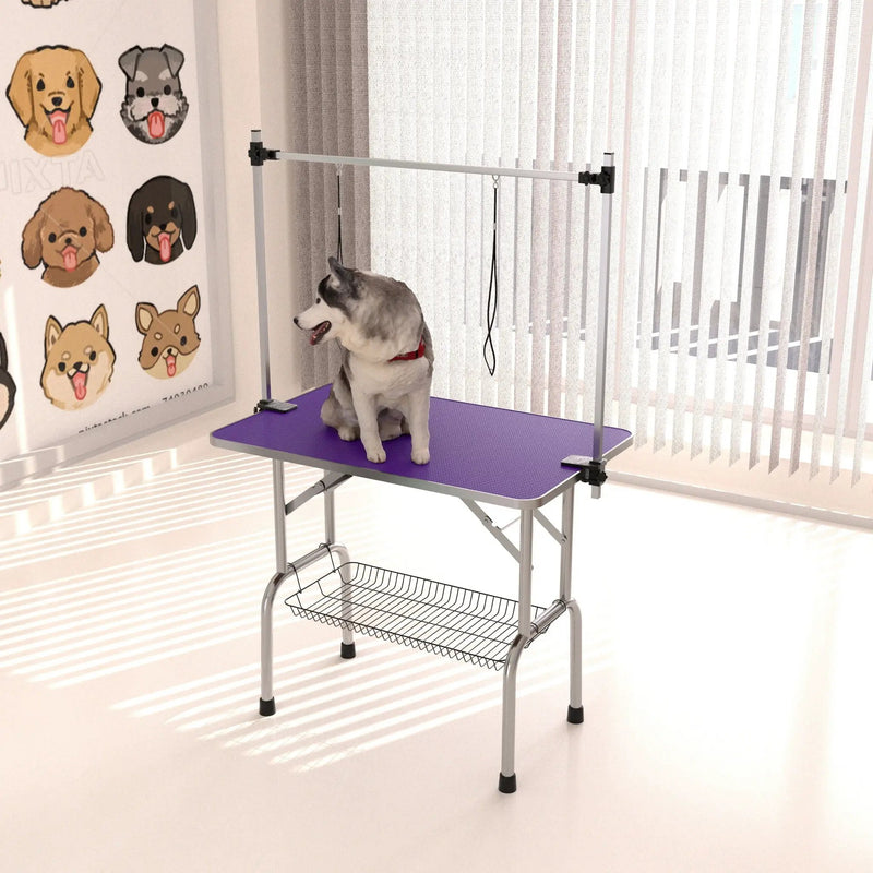 Folding Dog Pet Grooming Table Stainless Steel Frame Rubber Mat On Board With Adjustable Arm And Clamps Pet Dog Cat Grooming Table by HouseOfZazla