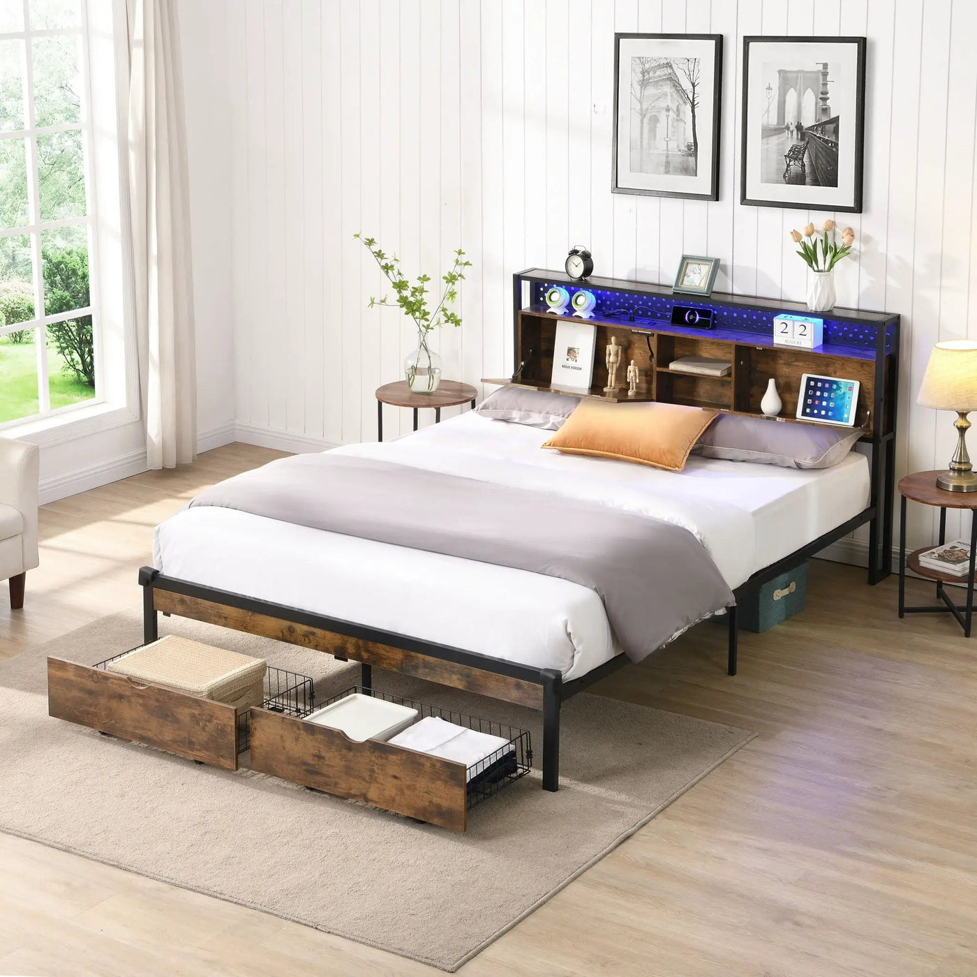 Modern Platform Bed with USB Charging Station, 2 Drawers, and LED Lights by HouseOfZazla