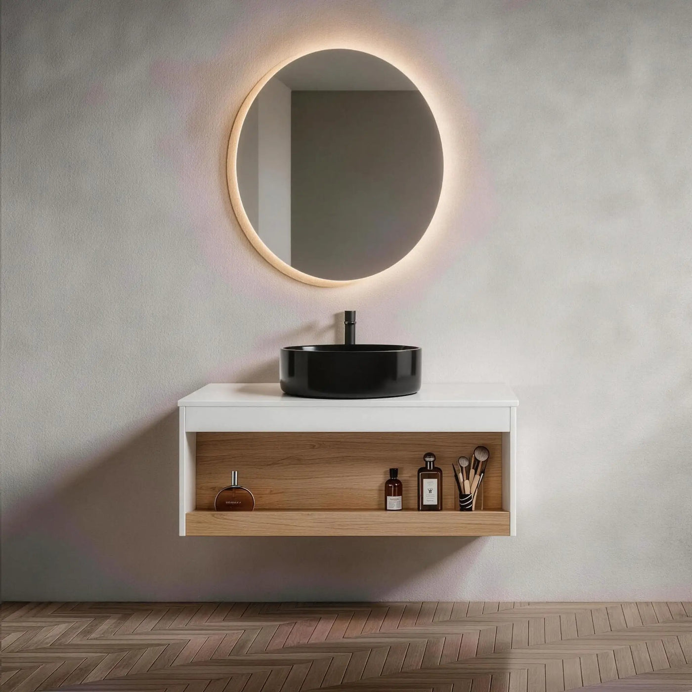 Floating Bathroom Vanity With Vessel Sink With Open Shelf Storage by HouseOfZazla