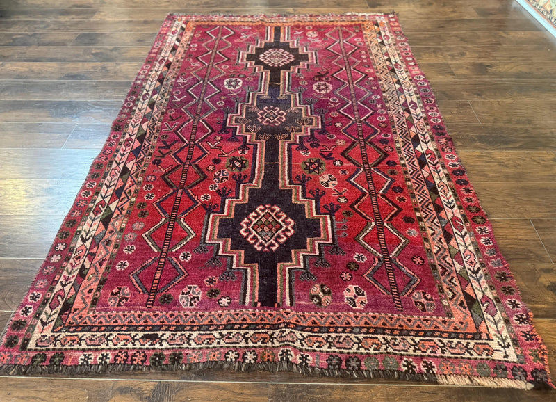 Persian Tribal Shiraz Rug 5x8, Geometric, Raspberry Red and Charcoal, Antique Persian Carpet by Jewel Rugs