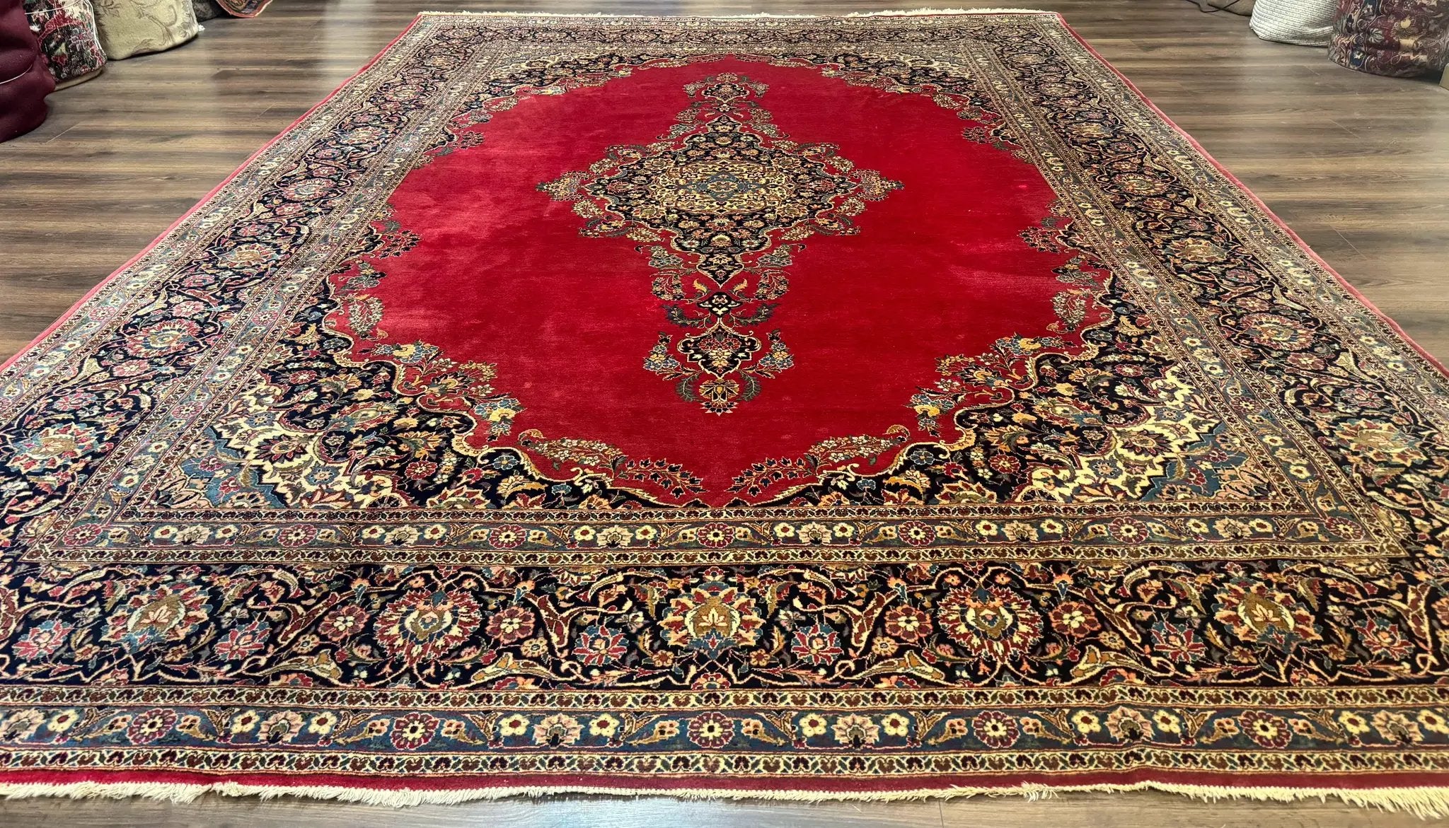 Persian Kashan Rug 9x12, Traditional, Semi Open Field, Red, Signed By Master Weaver, Antique Rug by Jewel Rugs