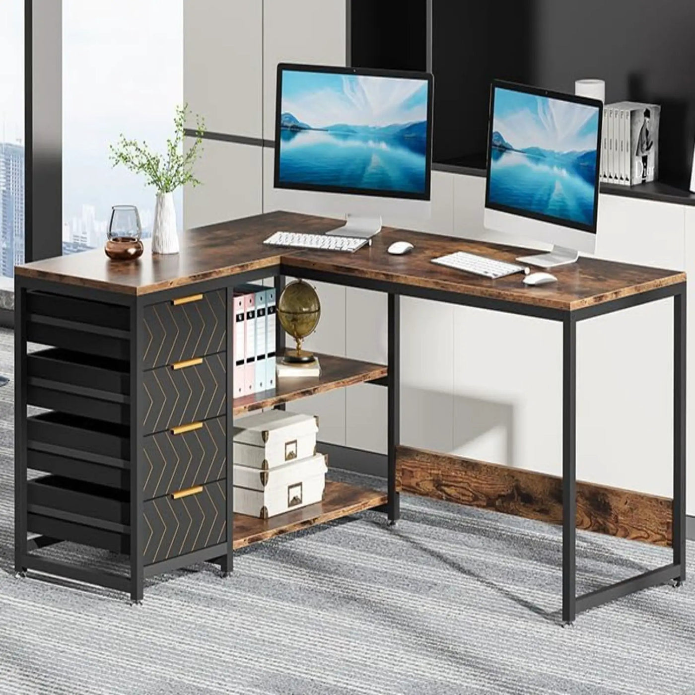 L-Shaped Computer Desk With Drawers And Shelves, Workstation For Home Office by HouseOfZazla