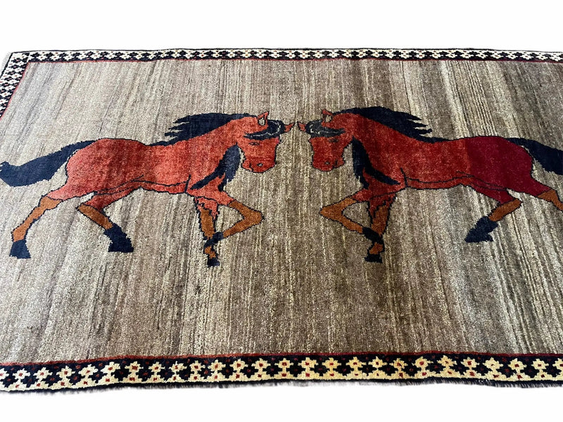 4 X 7 Handmade Hand-Knotted Quality Wool Rug Pictorial Horses Veggie Dyes Tribal by Jewel Rugs