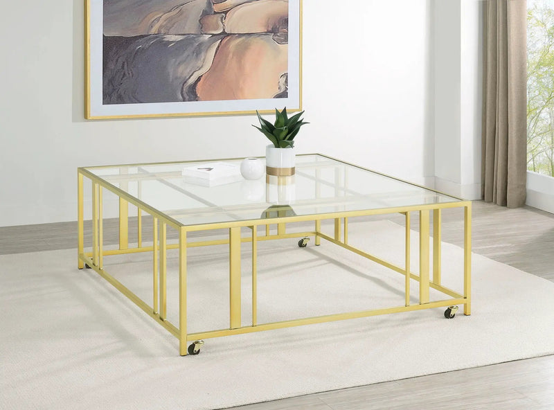 Adri Square Glass Top Coffee Table with Casters Matte Brass by Unique Piece Furniture