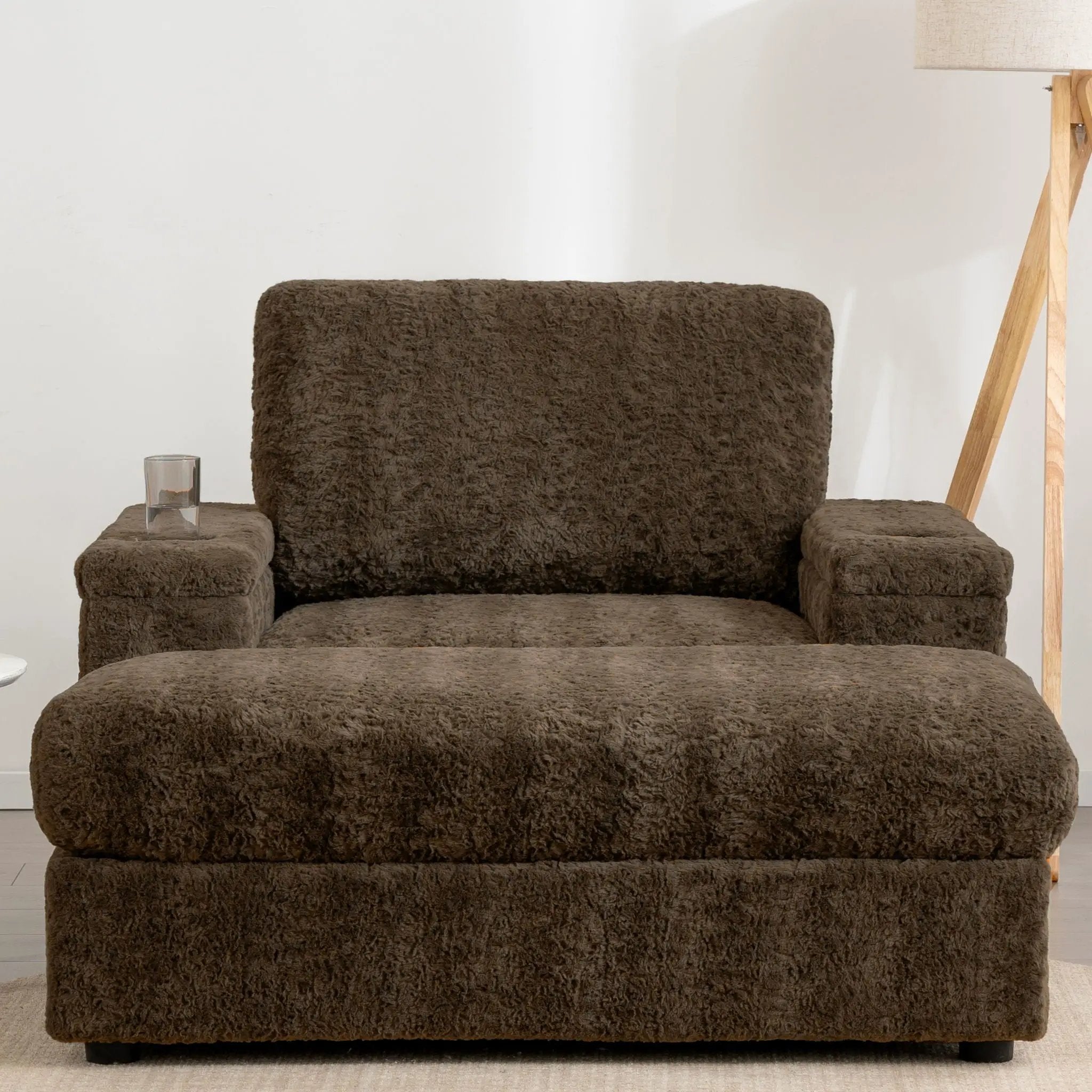 Oversized Chaise Lounge Indoor Rabbit Fur Sofa Bed With Storage Ottoman And Armrests Cup Holders With Deep Seat by HouseOfZazla