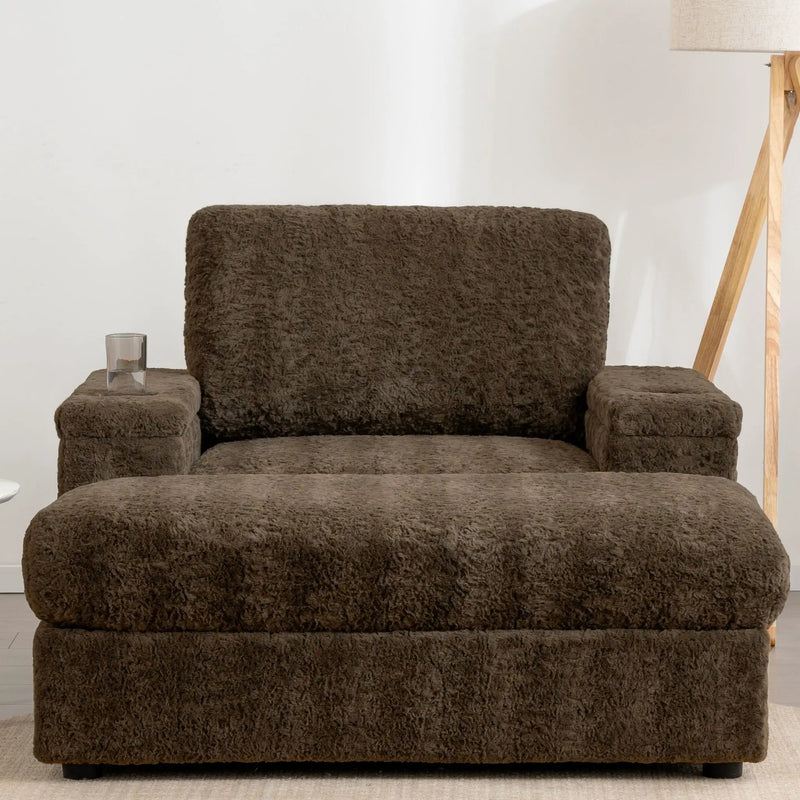 Oversized Chaise Lounge Indoor Rabbit Fur Sofa Bed With Storage Ottoman And Armrests Cup Holders With Deep Seat by HouseOfZazla