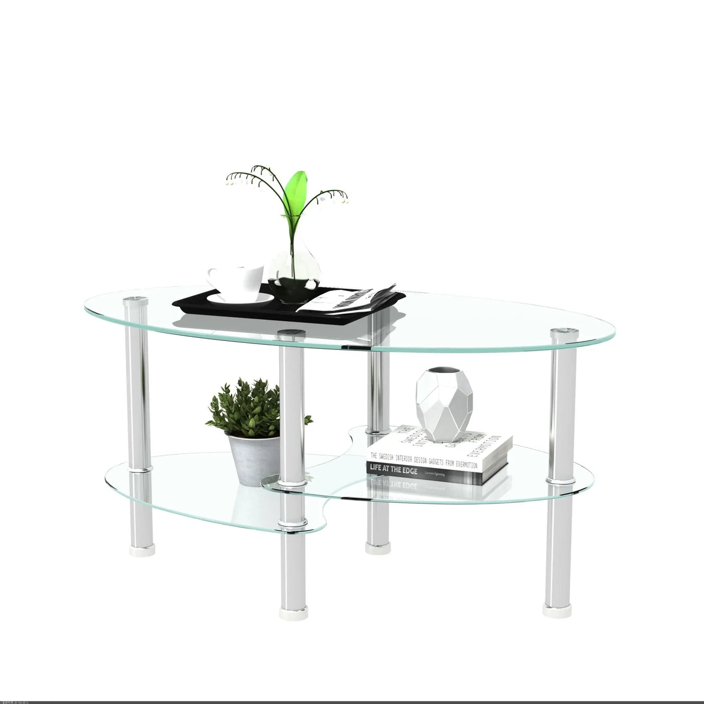 Transparent Oval Glass Coffee Table, Modern Table In Living Room Oak Wood Leg Tea Table 3-Layer Glass Table by Unique Piece Furniture