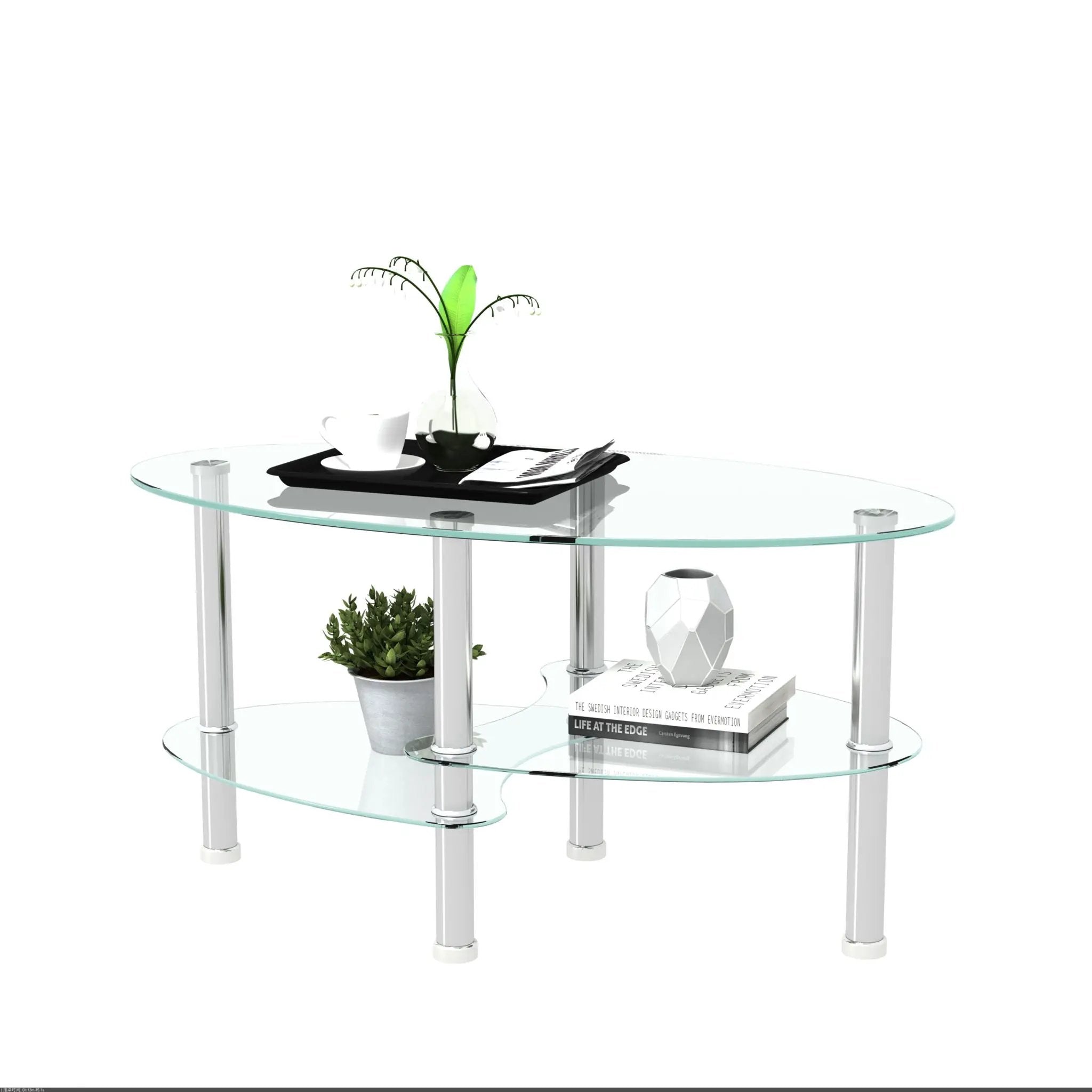 Transparent Oval Glass Coffee Table, Modern Table In Living Room Oak Wood Leg Tea Table 3-Layer Glass Table by HouseOfZazla