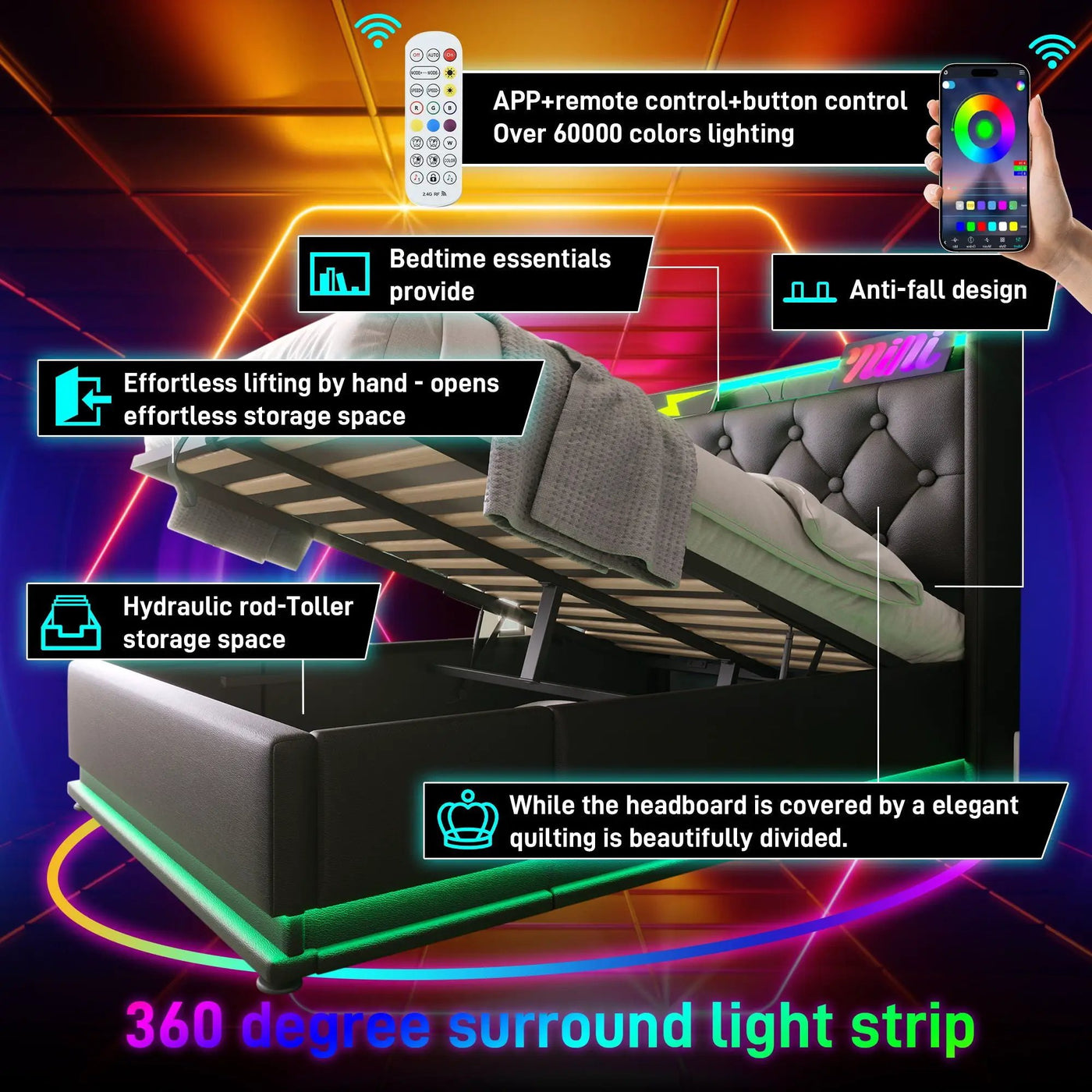 Upholstered Bed, 360 Surround LED Function, Remote Control, Hydraulic Storage Bed With USB, Type-C Charging (Without Mattress) by Unique Piece Furniture