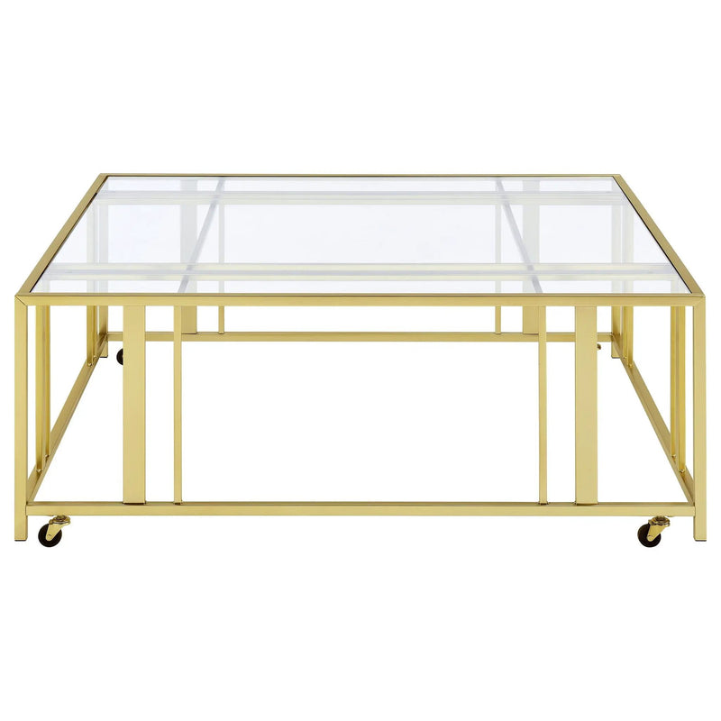 Adri Square Glass Top Coffee Table with Casters Matte Brass by Unique Piece Furniture