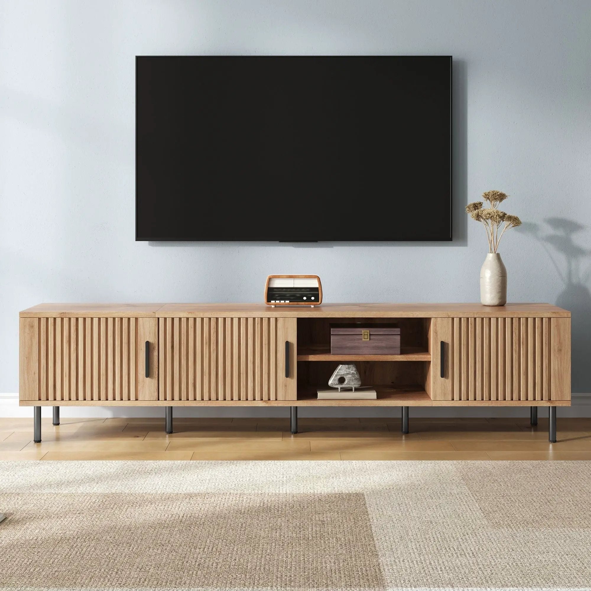 78" TV Stand For TVs Up To 85" With Closed Storage, Living Room Entertainment Center - Natural Wood by Unique Piece Furniture