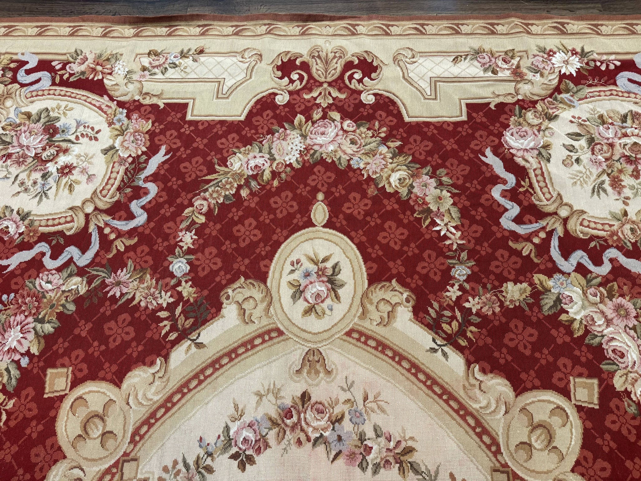 Aubusson Rug 8x11, Needlepoint Carpet, Red Ivory Beige, Vintage, French European Design by Jewel Rugs