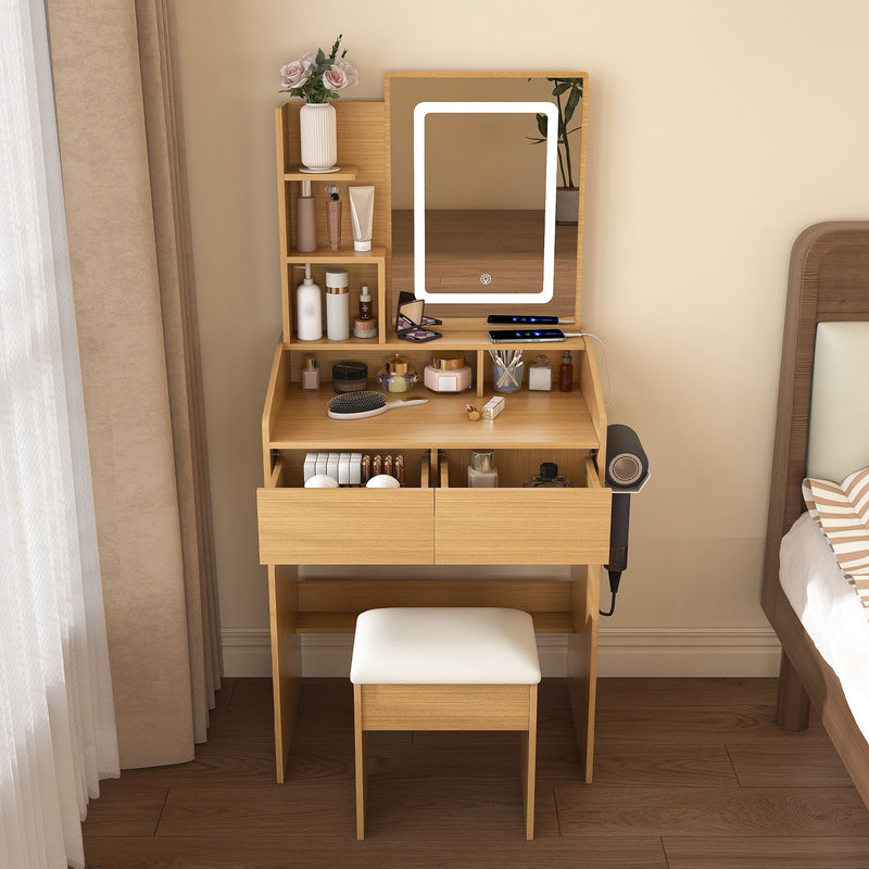 Vanity Table With LED Mirror, Power Outlet, Hairdryer Holder & Padded Stool, Compact Dressing Desk For Small Bedrooms - Wood by Unique Piece Furniture