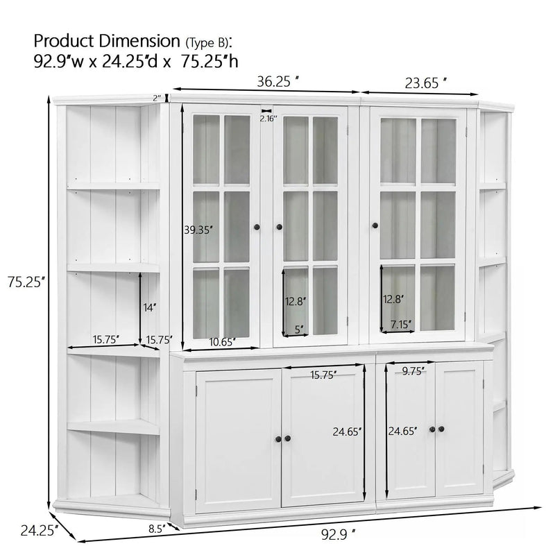 Retro Style Wall Suit With Glass Doors, 75.25" Tall Display Cabinets & Triangle Sided Bookshelves - White by HouseOfZazla
