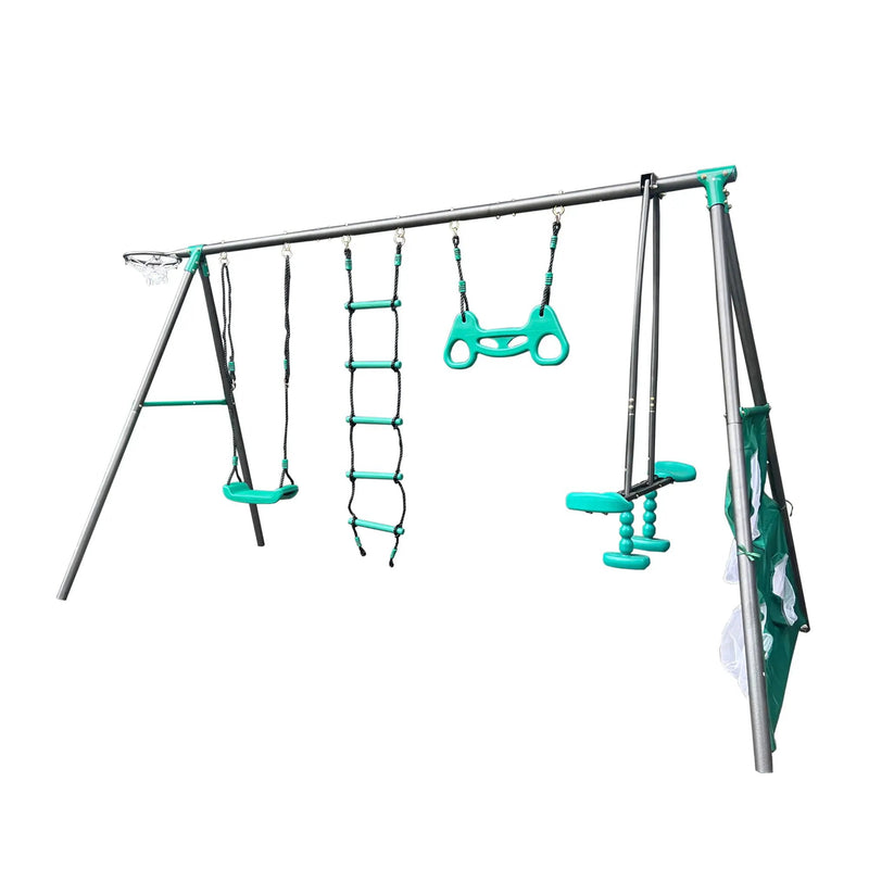 Interesting Four Function Swingset With Face To Face Metal Plastic Safe Swing Seat 550Lbs For Outdoor Playground For Age 3+ - Blackish Green by HouseOfZazla