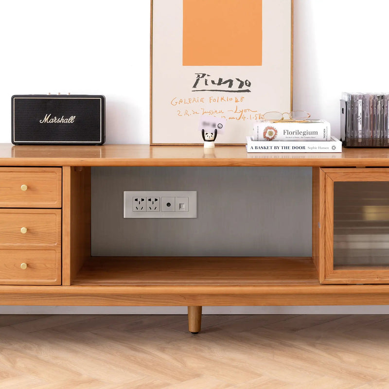 TV Cabinet With Chinese Changhong Glass Doors, Two Drawer Storage Space TV Standing - Cherry by HouseOfZazla
