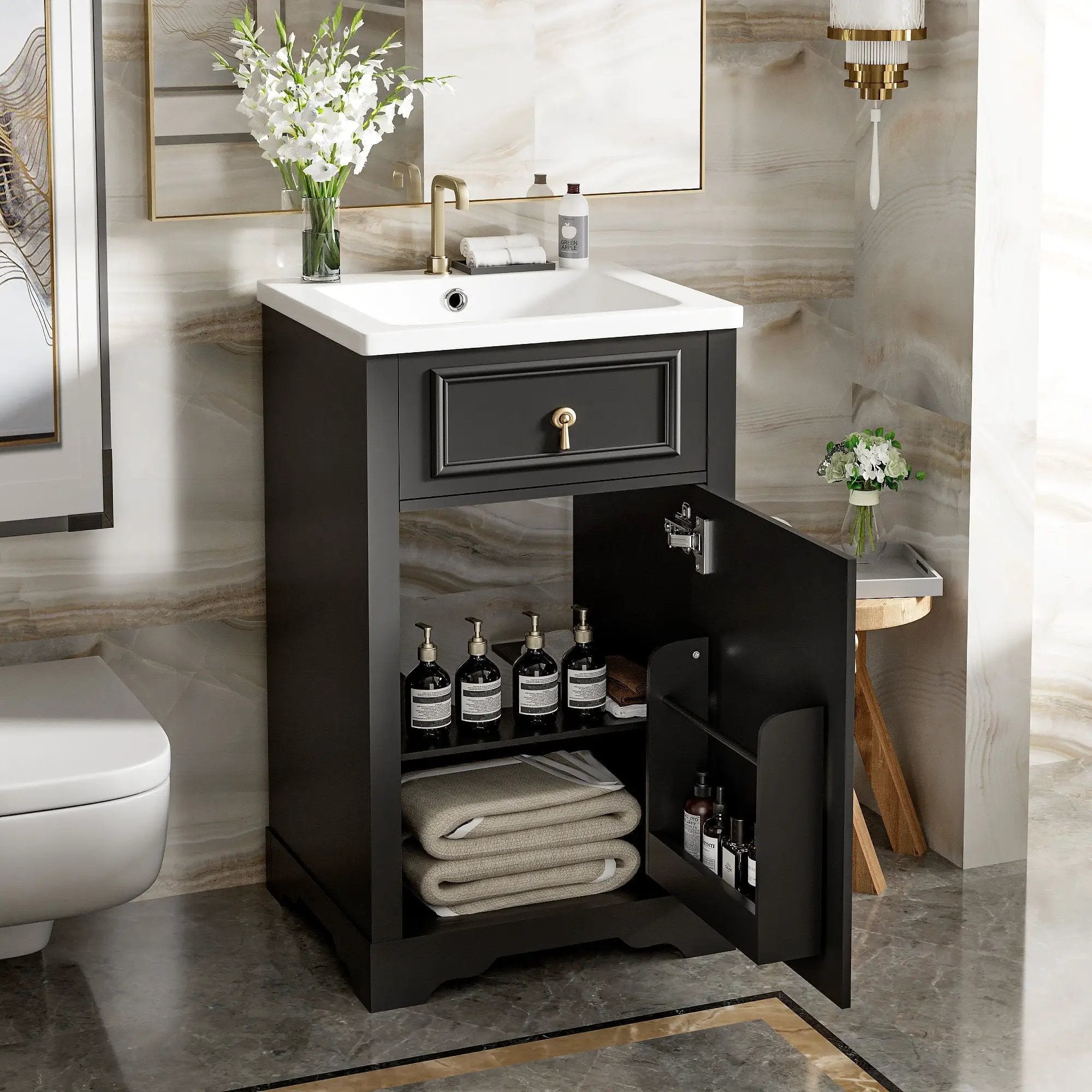Elegant Bathroom Vanity With Ceramic Sink, Soft Close Door, Adjustable Shelf by HouseOfZazla