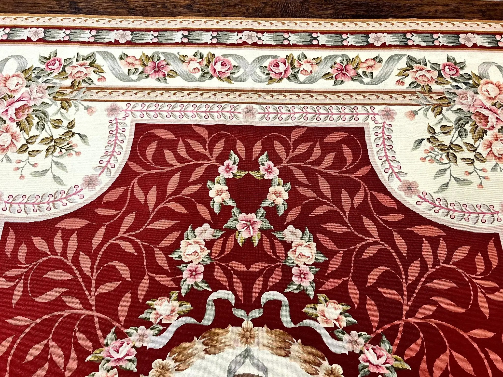Wonderful Aubusson Rug 9x12, Handmade Vintage Needlepoint Carpet, Red and Ivory, Elegant European Design, Wool by Jewel Rugs
