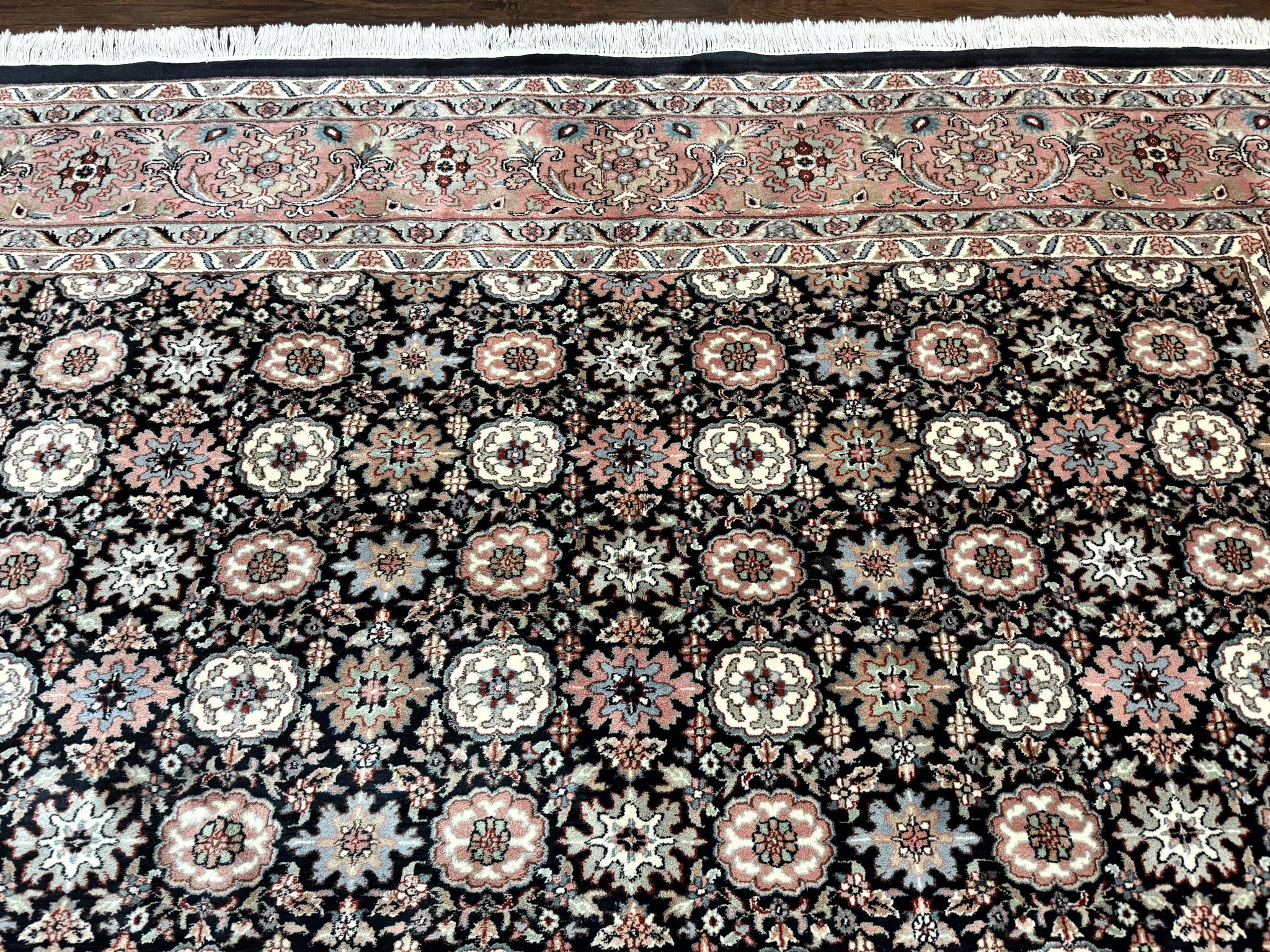 Indo Persian Rug 9x12, Vintage Handmade Wool Carpet, Repeated Allover Motif, Navy Blue and Pink by Jewel Rugs