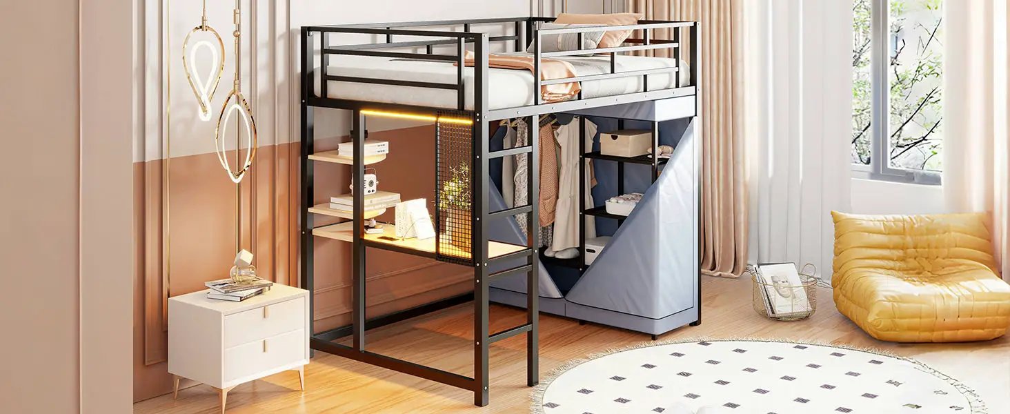 Loft Bed With Desk, Shelves, Power Outlet, LED Light And Wardrobe by HouseOfZazla