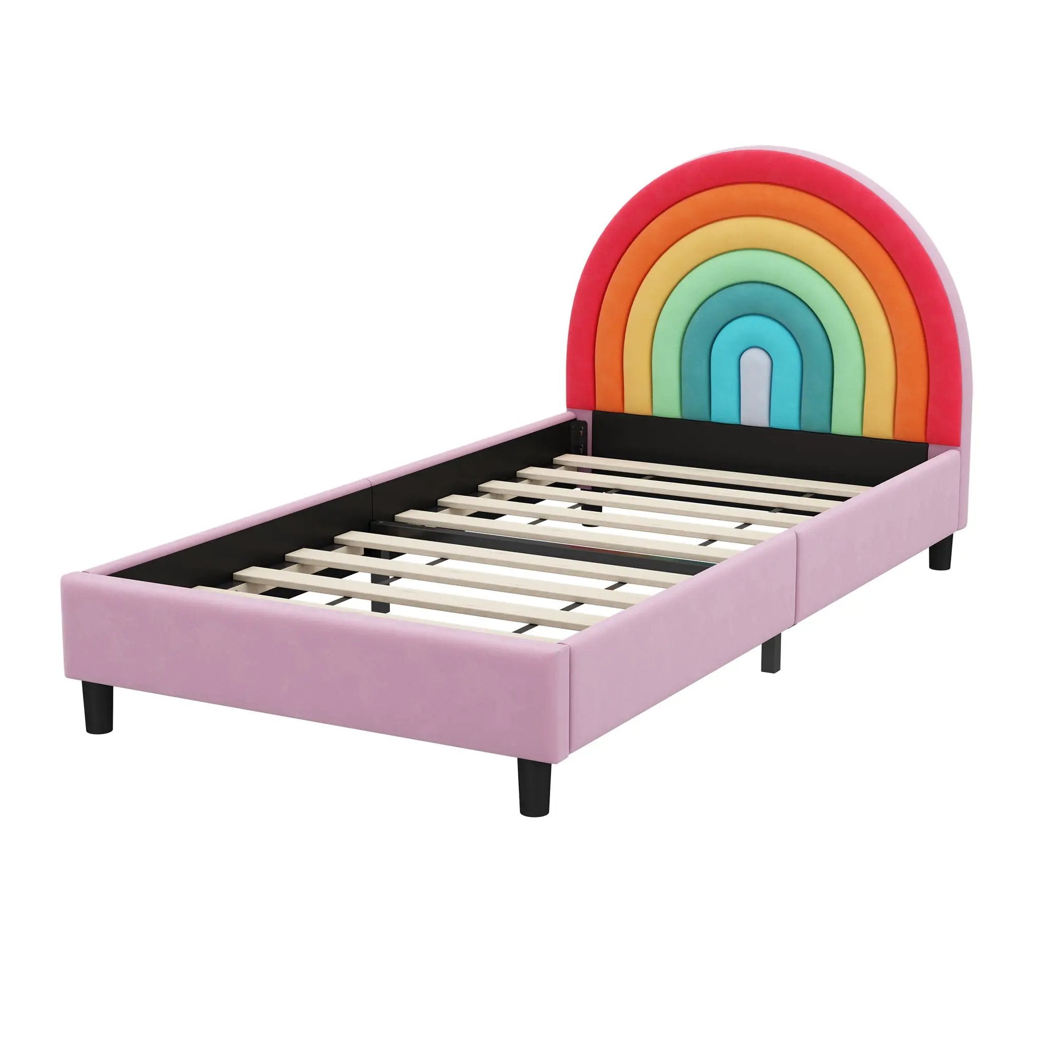 Rainbow Design Upholstered Twin Platform Bed Cute Style Princess Bed For Boys & Girls, Teens - Colorful / Pink by HouseOfZazla