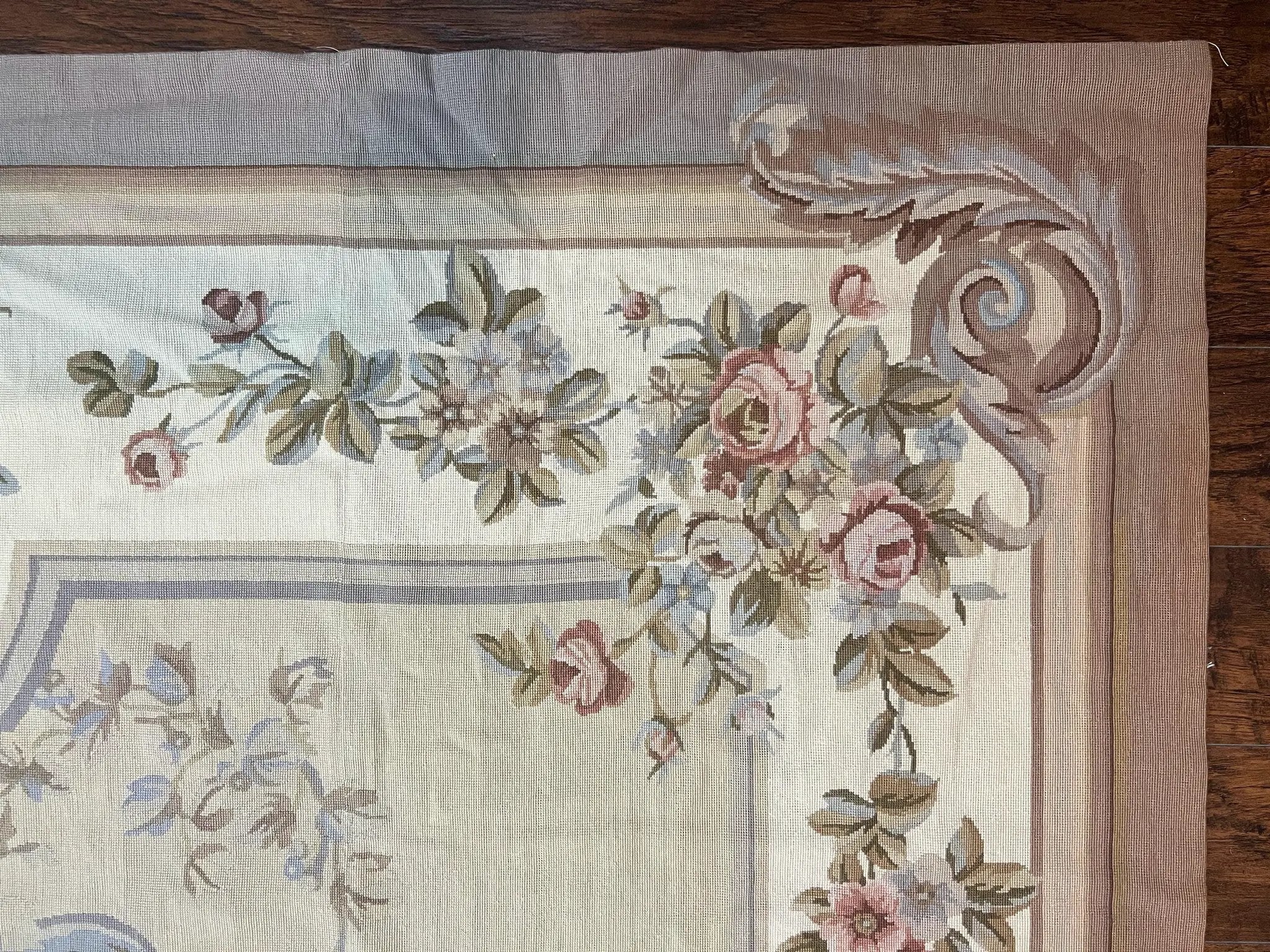 Aubusson Needlepoint Rug 9x12, VIntage Handmade Wool Beige Floral European Elegant Rug 9 x 12, Floral Roses by Jewel Rugs