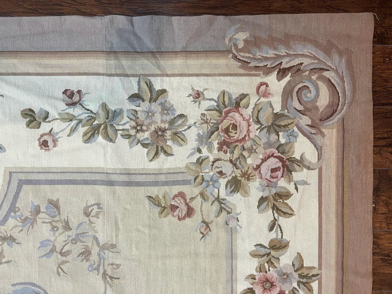Aubusson Needlepoint Rug 9x12, VIntage Handmade Wool Beige Floral European Elegant Rug 9 x 12, Floral Roses by Jewel Rugs