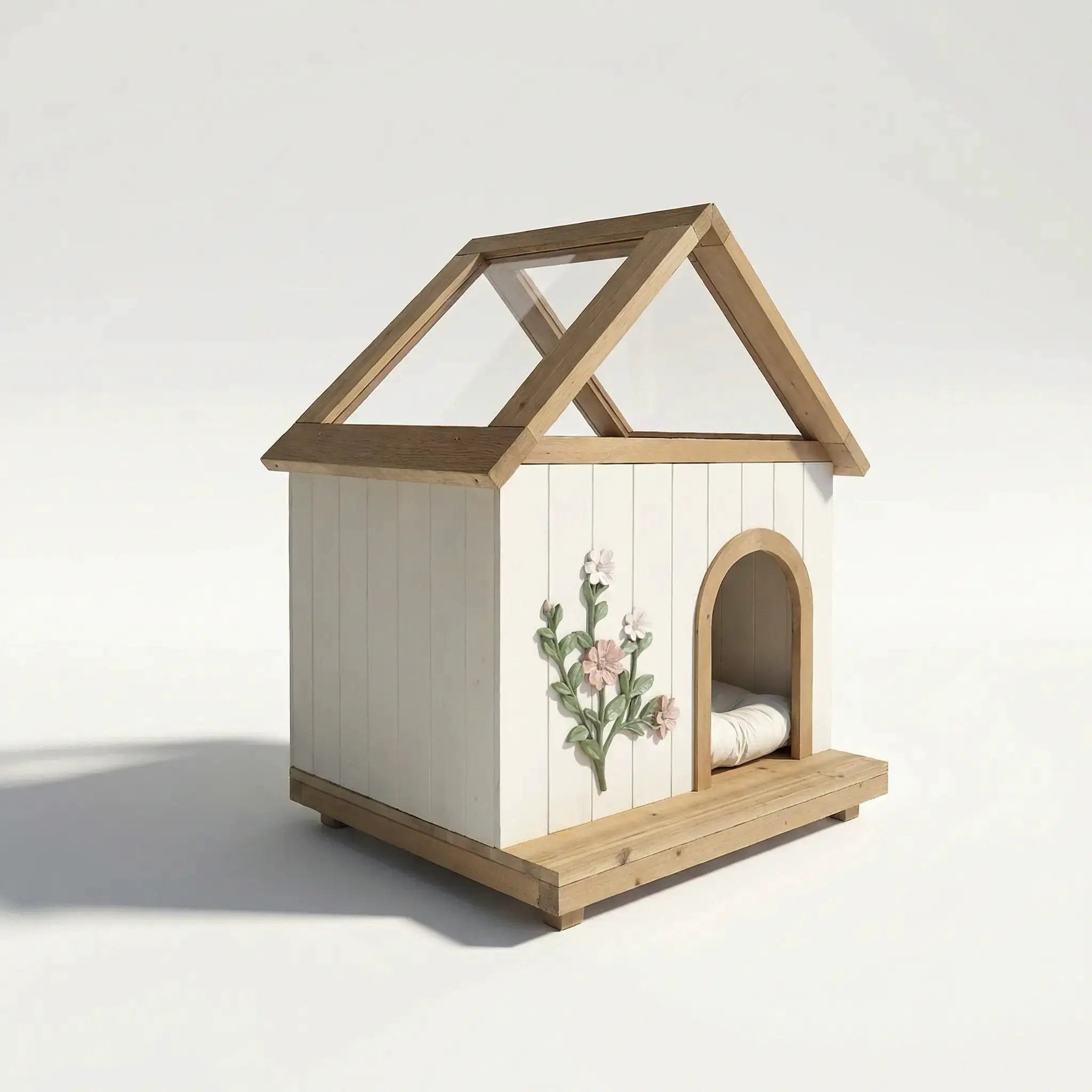 Daisy Cat House With Roof & Indoor Outdoor Pet Shelter For Cats & Small Dogs (11–25 Lbs) - White / Wood by HouseOfZazla